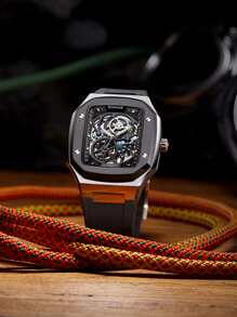 RONMAR 1pc Men's Business Mechanical Watch Square Stainless Steel Watch Strap - Black - View 3