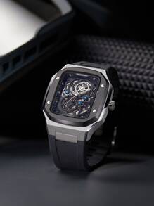 RONMAR 1pc Men's Business Mechanical Watch Square Stainless Steel Watch Strap - Black - View 4