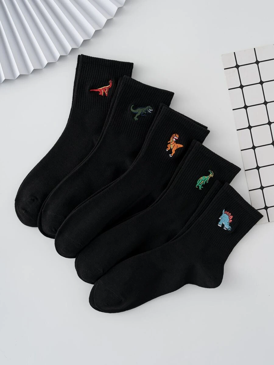 5 Pairs Of Men's Basic Embroidered Dinosaur Pattern Socks, Four Seasons Style, European And American Sizes, Sufficient Size, Comfortable, Breathable, Wear-Resistant And Not Stuffy, Suitable For Daily Wear, Suitable For Both Men And Women, Made Of High-Quality Fabric, Fall - Black - View 1
