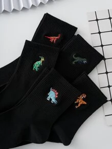 5 Pairs Of Men's Basic Embroidered Dinosaur Pattern Socks, Four Seasons Style, European And American Sizes, Sufficient Size, Comfortable, Breathable, Wear-Resistant And Not Stuffy, Suitable For Daily Wear, Suitable For Both Men And Women, Made Of High-Quality Fabric, Fall - Black - View 3