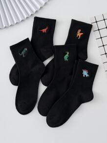 5 Pairs Of Men's Basic Embroidered Dinosaur Pattern Socks, Four Seasons Style, European And American Sizes, Sufficient Size, Comfortable, Breathable, Wear-Resistant And Not Stuffy, Suitable For Daily Wear, Suitable For Both Men And Women, Made Of High-Quality Fabric, Fall - Black - View 2