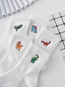 5 Pairs Of Men's Basic Embroidered Dinosaur Pattern Socks, Four Seasons Style, European And American Sizes, Sufficient Size, Comfortable, Breathable, Wear-Resistant And Not Stuffy, Suitable For Daily Wear, Suitable For Both Men And Women, Made Of High-Quality Fabric, Fall - White - View 3