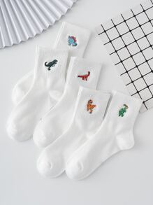 5 Pairs Of Men's Basic Embroidered Dinosaur Pattern Socks, Four Seasons Style, European And American Sizes, Sufficient Size, Comfortable, Breathable, Wear-Resistant And Not Stuffy, Suitable For Daily Wear, Suitable For Both Men And Women, Made Of High-Quality Fabric, Fall - White - View 2