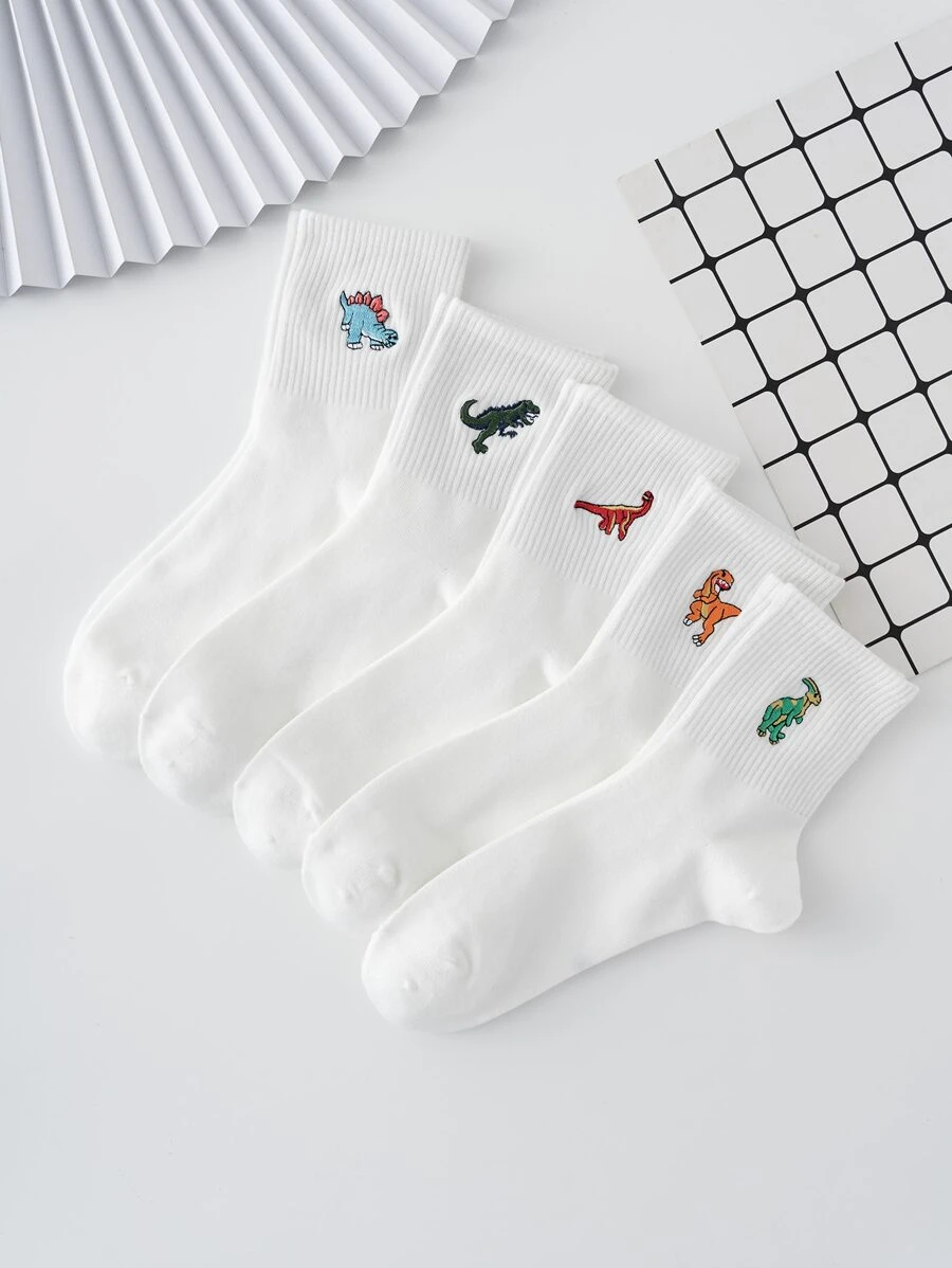 5 Pairs Of Men's Basic Embroidered Dinosaur Pattern Socks, Four Seasons Style, European And American Sizes, Sufficient Size, Comfortable, Breathable, Wear-Resistant And Not Stuffy, Suitable For Daily Wear, Suitable For Both Men And Women, Made Of High-Quality Fabric, Fall - White - View 1