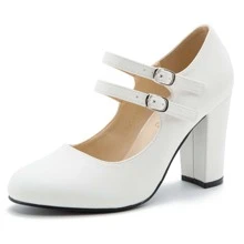 Women's Mary Jane Dress Shoes Double Strap Closed Round Toe Block High Heel Pumps - 白色 - 查看 2