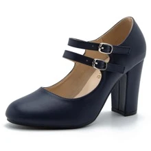 Women's Mary Jane Dress Shoes Double Strap Closed Round Toe Block High Heel Pumps - 藏蓝色 - 查看 2