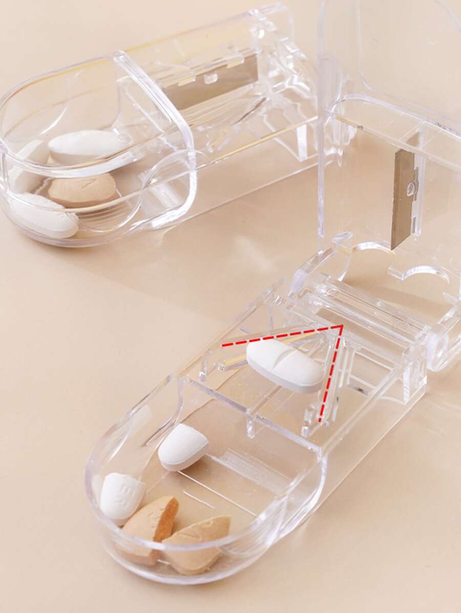 1pc Rectangle-shaped Transparent Pill Cutter, Portable Plastic Pill Box With Built-in Divider For Cutting And Sorting Medications - Clear - View 1