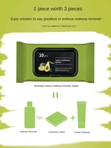 1包牛油果卸妝濕巾(萃取包裝),一次性,可攜帶,溫和潔面濕巾,不刺激,適用於女性旅行度假