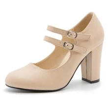 Women's Mary Jane Dress Shoes Double Strap Closed Round Toe Block High Heel Pumps - 杏色 - 查看 2