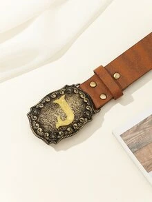 1入組中性字母PU皮革腰皮帶,西部牛仔風格,適合男人及女人,日常使用 - 棕色 - 查看 2