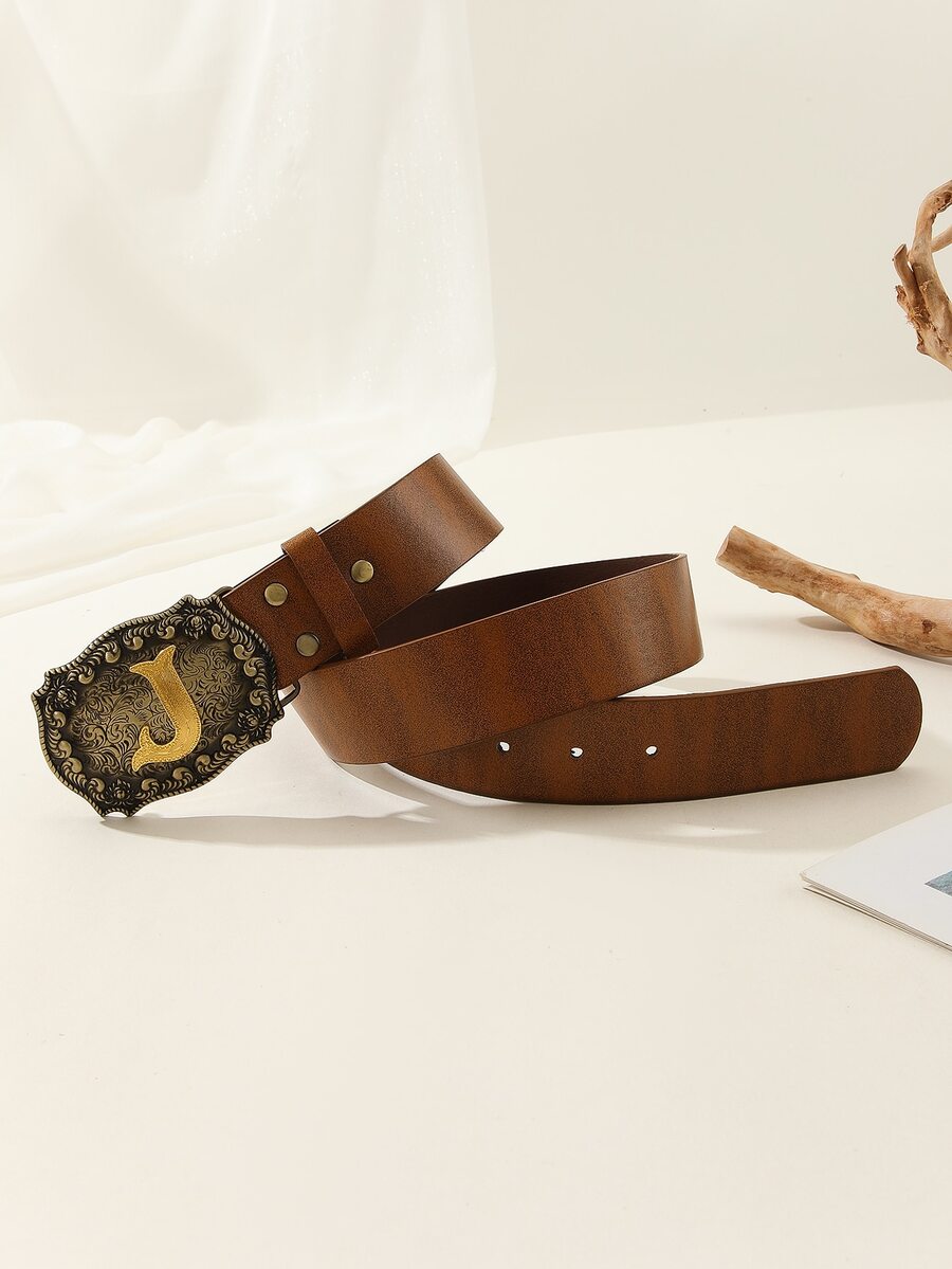 1入組中性字母PU皮革腰皮帶,西部牛仔風格,適合男人及女人,日常使用 - 棕色 - 查看 1
