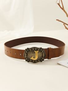 1入組中性字母PU皮革腰皮帶,西部牛仔風格,適合男人及女人,日常使用 - 棕色 - 查看 3