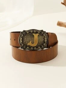 1入組中性字母PU皮革腰皮帶,西部牛仔風格,適合男人及女人,日常使用 - 棕色 - 查看 4