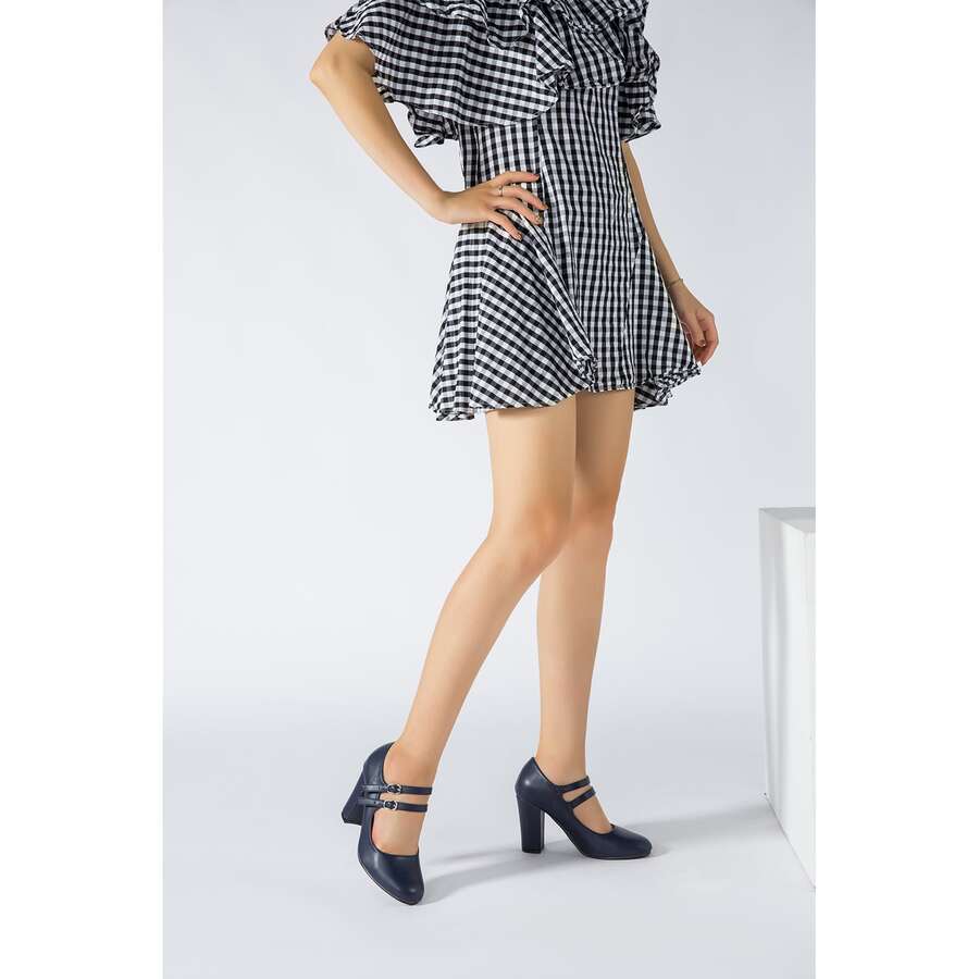 Women's Mary Jane Dress Shoes Double Strap Closed Round Toe Block High Heel Pumps - 藏蓝色 - 查看 1