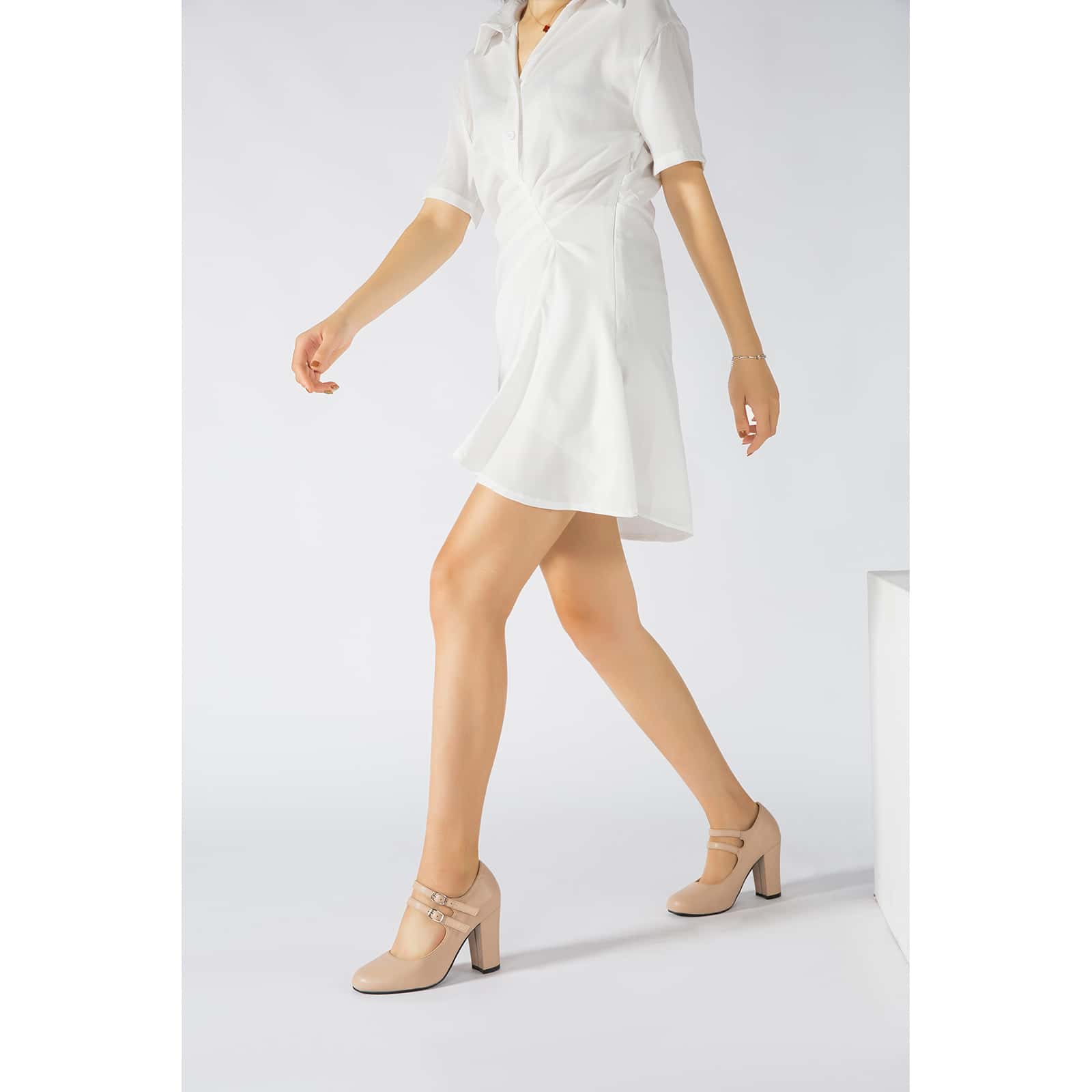 Women's Mary Jane Dress Shoes Double Strap Closed Round Toe Block High Heel Pumps - 杏色 - 查看 1