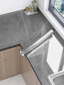 1 件灰色亮面大理石纹自粘厨房贴纸防水防油橱柜抽屉翻新壁纸耐高温、贴纸、墙贴花、乙烯基贴花用于家居装饰、春季装饰品让您的家焕然一新、拉玛装饰贴纸 - 灰色 - 查看 2