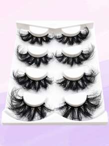 Asiteo 4 Pairs/Pack Thick Curly Fluffy Volume False Eyelashes Mink Lashes Cat-Eye Look Wispy Long 25mm 8D Volume Fake Eyelash Strips Foxy Eye Lifting Look Extension Full Eyelash Strip To Lengthen And Volumize The Outer Corner Of Your Eye For Beauty Makeup - 黑色 - 查看 4