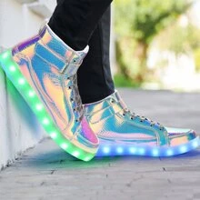 KUNWFNIX Women's Men's LED Lights Up Shoes Unisex Luminous Flashing Trainers USB Charging Lace Up Couples Dancing Shoes - B-彩粉色 - 查看 8