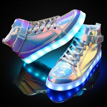 KUNWFNIX Women's Men's LED Lights Up Shoes Unisex Luminous Flashing Trainers USB Charging Lace Up Couples Dancing Shoes - B-彩粉色 - 查看 6