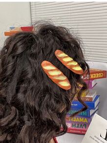 2入組逼真手工製作麵包造型髮夾,誇張法棍&麵包側夾適用於頭髮裝飾用品 - 彩色 - 查看 4