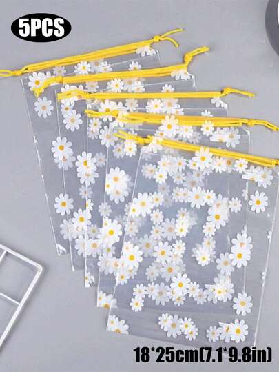 5入組防水雛菊收納袋抽繩衣服鞋袋便攜式化妝洗漱包、雜物袋