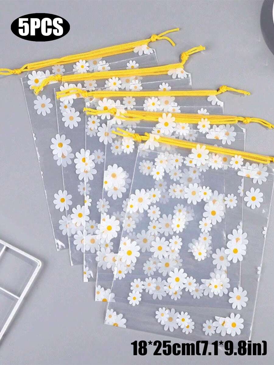 5入組防水雛菊收納袋抽繩衣服鞋袋便攜式化妝洗漱包、雜物袋