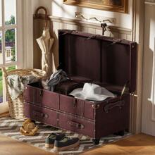 COZAYH Vintage Chest Bench With Latch Closure And Buckle Trunk, Farmhouse Mid-Century Faux Leather Storage Ottoman Bench For Living Room, Entryway, Bedroom, Sponge Padded - Burgundy Red - View 6