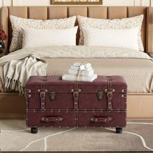 COZAYH Vintage Chest Bench With Latch Closure And Buckle Trunk, Farmhouse Mid-Century Faux Leather Storage Ottoman Bench For Living Room, Entryway, Bedroom, Sponge Padded - Burgundy Red - View 5