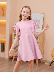 Girls Butterfly Sleeve Dress - Mauve Purple - View 1