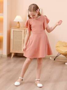 女孩素色蝴蝶袖連衣裙 - 橘色 - 查看 4