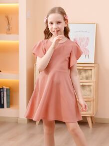 女孩素色蝴蝶袖連衣裙 - 橘色 - 查看 3