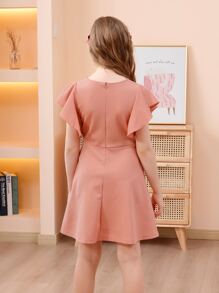 女孩素色蝴蝶袖連衣裙 - 橘色 - 查看 2