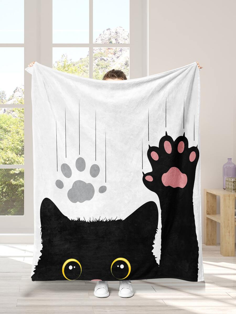 1件貓爪印花珊瑚絨毯,家用沙發或床上溫暖舒適 - 彩色 - 查看 1