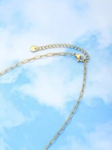 1pc Fashionable Simple Natural Stone Bead & Full Rhinestone Circle Tag Pendant Stainless Steel Necklace