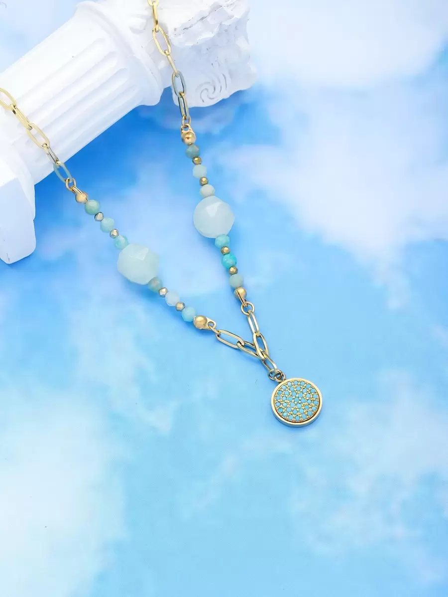 1pc Fashionable Simple Natural Stone Bead & Full Rhinestone Circle Tag Pendant Stainless Steel Necklace