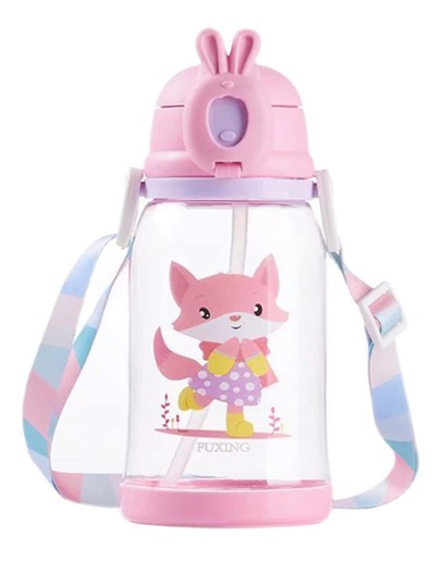 1pc Cute Cartoon Dinosaur Print Plastic Water Bottle With Straw For Kids, Students, Leakproof Portable Crossbody Cup For Outdoor Activities