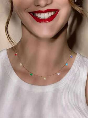 不銹鋼女性18K鍍金波西m亞吊墜項鍊帶彩色方晶鋯石適合夏天