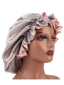 Double-Layer Patchwork Spandex Sleeping Cap Wig Cap Silk Bonnet Satin Bonnet - Pink - View 2