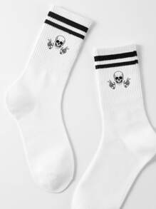 1双男士中筒袜图案骷髅搞怪街头防臭吸汗休闲篮球运动袜圆领袜适合日常生活 - 黑與白 - 查看 1