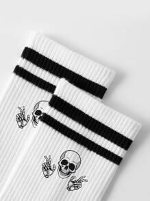 1双男士中筒袜图案骷髅搞怪街头防臭吸汗休闲篮球运动袜圆领袜适合日常生活 - 黑與白 - 查看 4