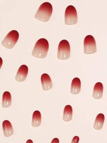 24 uñas postizas ovaladas cortas en degradado de rojo vino, con 1 lima de uñas y 1 frasco de gel de gelatina, suministros para manicura de aplicación a presión - Burdeos - Ver 7