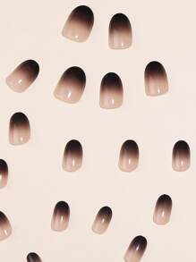 Halloween Nail,European And American Style 24 Pieces Of Nude Short Oval Press-On Nails, Nude Gradient Black Smudge Japanese Style False Nails, With Nail Art Tools 1 Rubbing Strip 1 Piece Of Jelly Glue