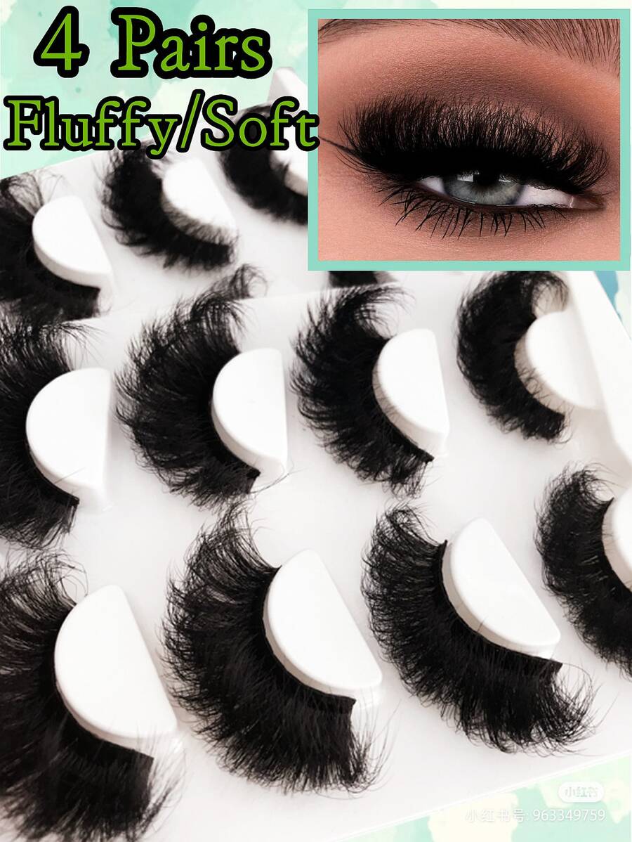 Asiteo 4 Pairs Eyelashes 20mm Faux Mink Eyelashes Long Lasting Fluffy Lashes Dramatic Volume Lashes Extension Thick Long - Black - View 1