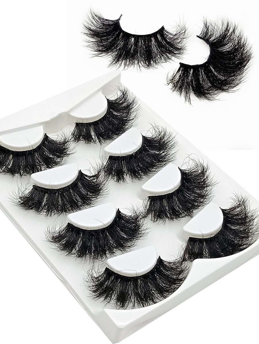Asiteo 4 Pairs/Pack Thick Curly Fluffy Volume False Eyelashes Mink Lashes Cat-Eye Look Wispy Long 25mm 8D Volume Fake Eyelash Strips Foxy Eye Lifting Look Extension Full Eyelash Strip To Lengthen And Volumize The Outer Corner Of Your Eye For Beauty Makeup - 黑色 - 查看 1