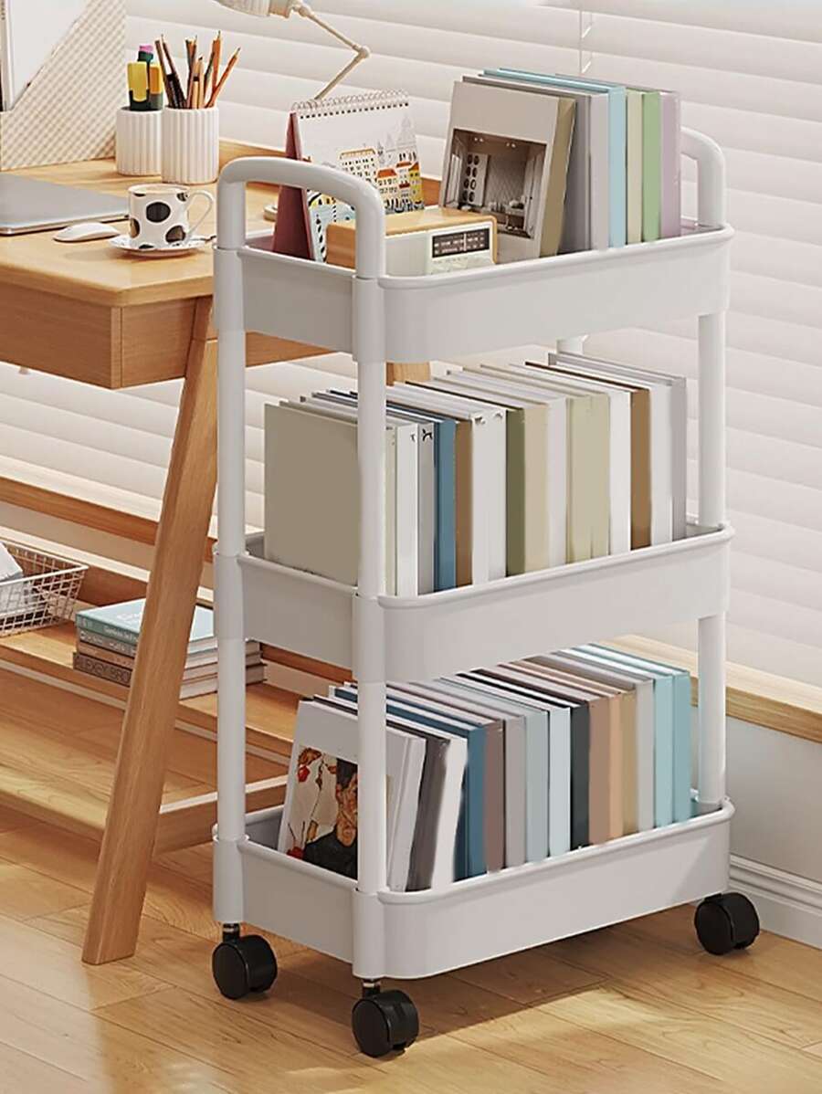 1pc Portable Bookcase Cart With Wheels For Snacks & Desk Top Storage Suitable For Reading Room And Study Room - White - View 1