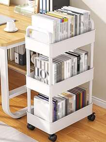 1pc Portable Bookcase Cart With Wheels For Snacks & Desk Top Storage Suitable For Reading Room And Study Room - White - View 2
