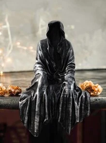 1件哥特式恐怖艺术设计黑色长袍坐姿死神雕像，树脂材质，恐怖死神装饰，适合家居派对 - 黑色 - 查看 2