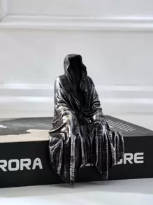 1件哥特式恐怖艺术设计黑色长袍坐姿死神雕像，树脂材质，恐怖死神装饰，适合家居派对 - 黑色 - 查看 3