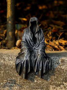 1件哥特式恐怖艺术设计黑色长袍坐姿死神雕像，树脂材质，恐怖死神装饰，适合家居派对 - 黑色 - 查看 8