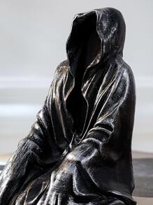 1件哥特式恐怖艺术设计黑色长袍坐姿死神雕像，树脂材质，恐怖死神装饰，适合家居派对 - 黑色 - 查看 7